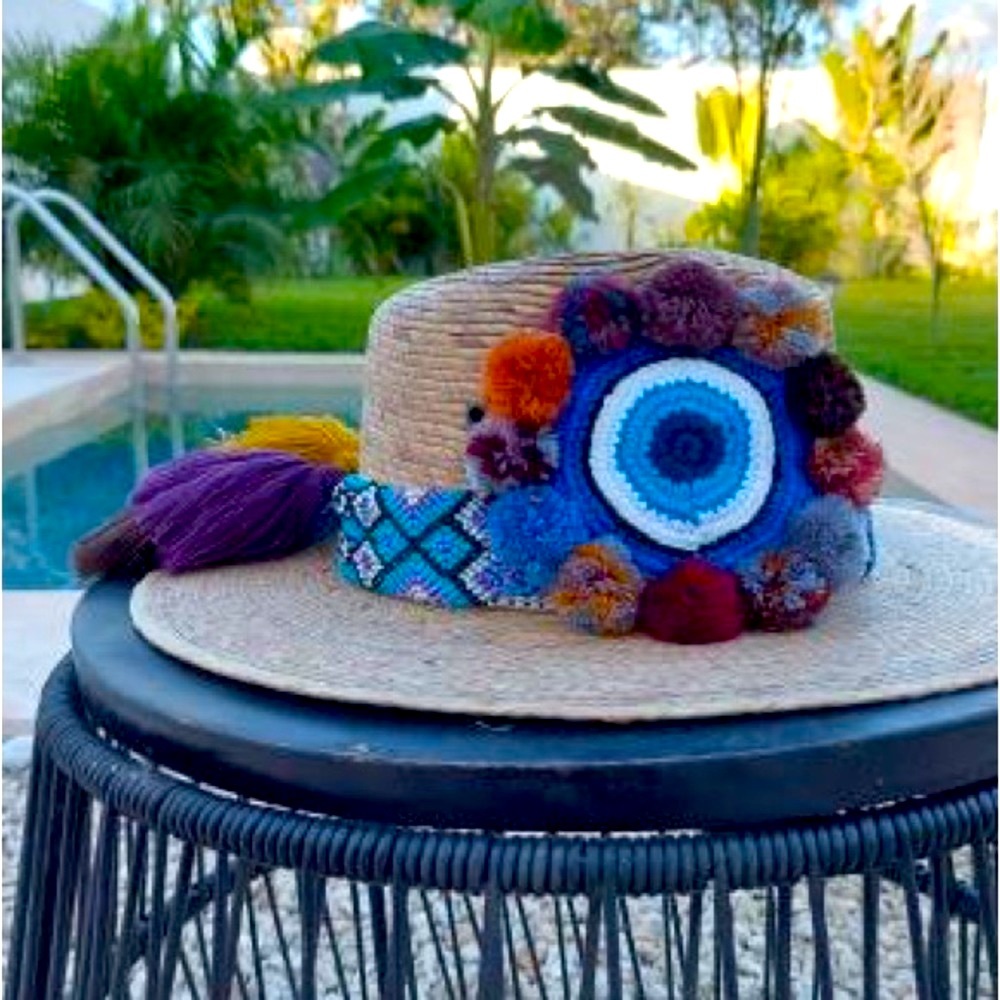 Vibrant Fun In the Sun Multicolor Pom Pom Evil Eye Protection Beach Hat Sombrero